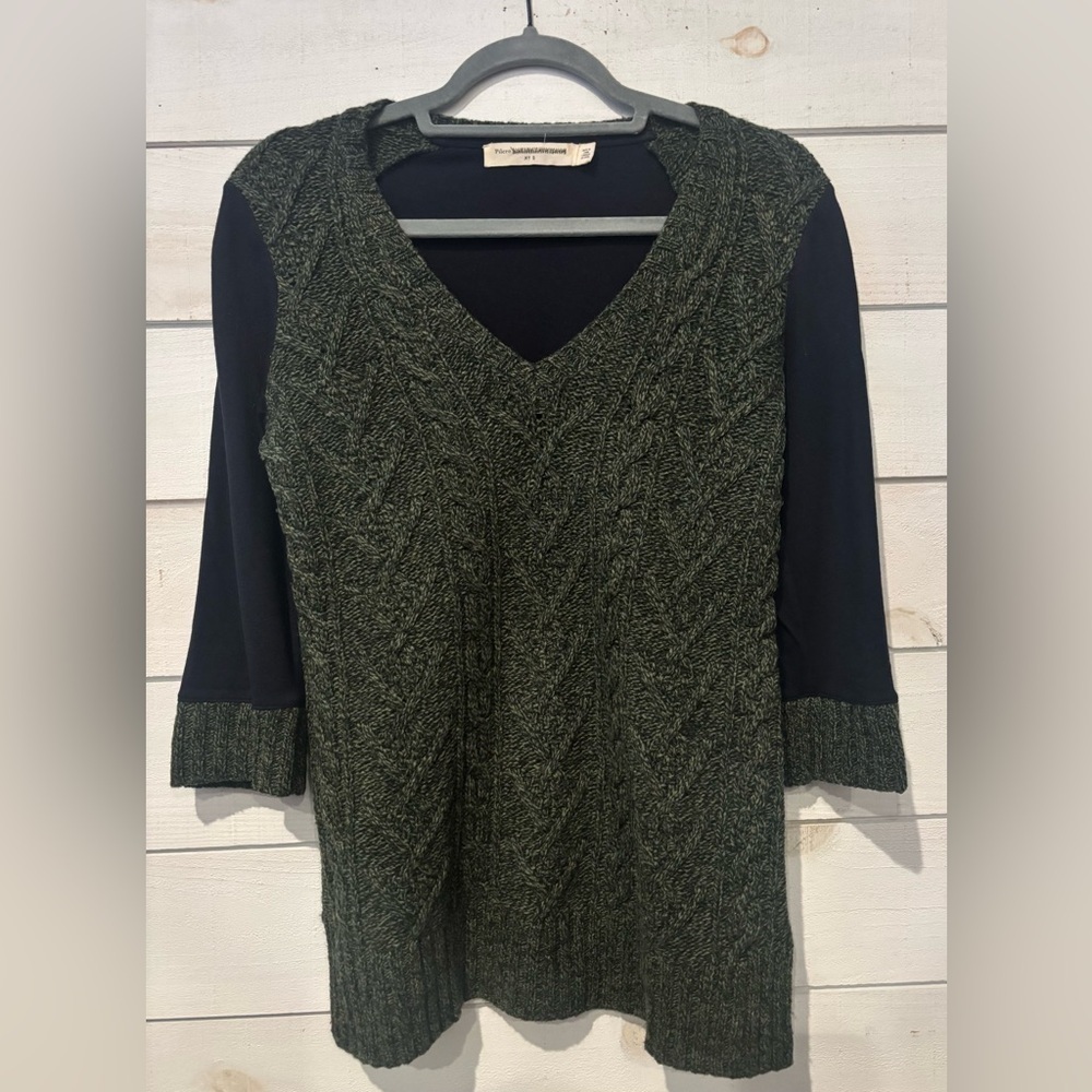 Pilcro and the Letterpress byAnthropology Green/Navy Cable Knit V-Neck Sweater - Picture 2 of 15